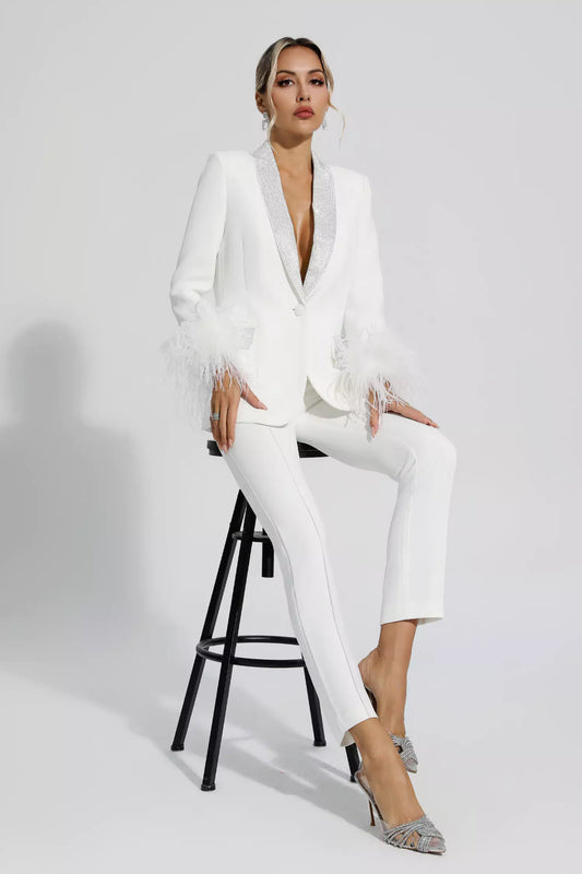 Angel White Feather Trim Diamond Blazer Set