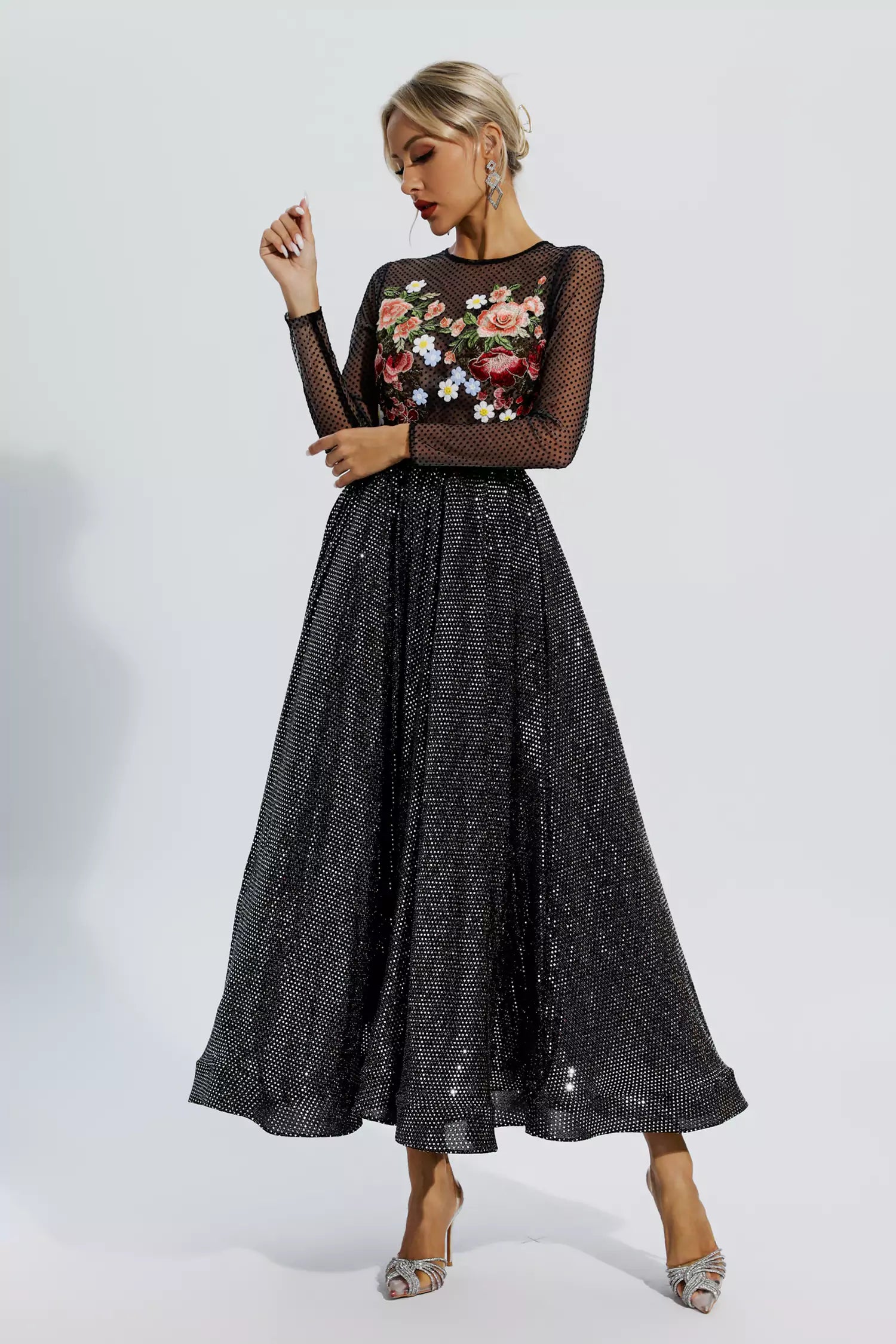 Antonella Black Floral Embroidery Maxi Dress