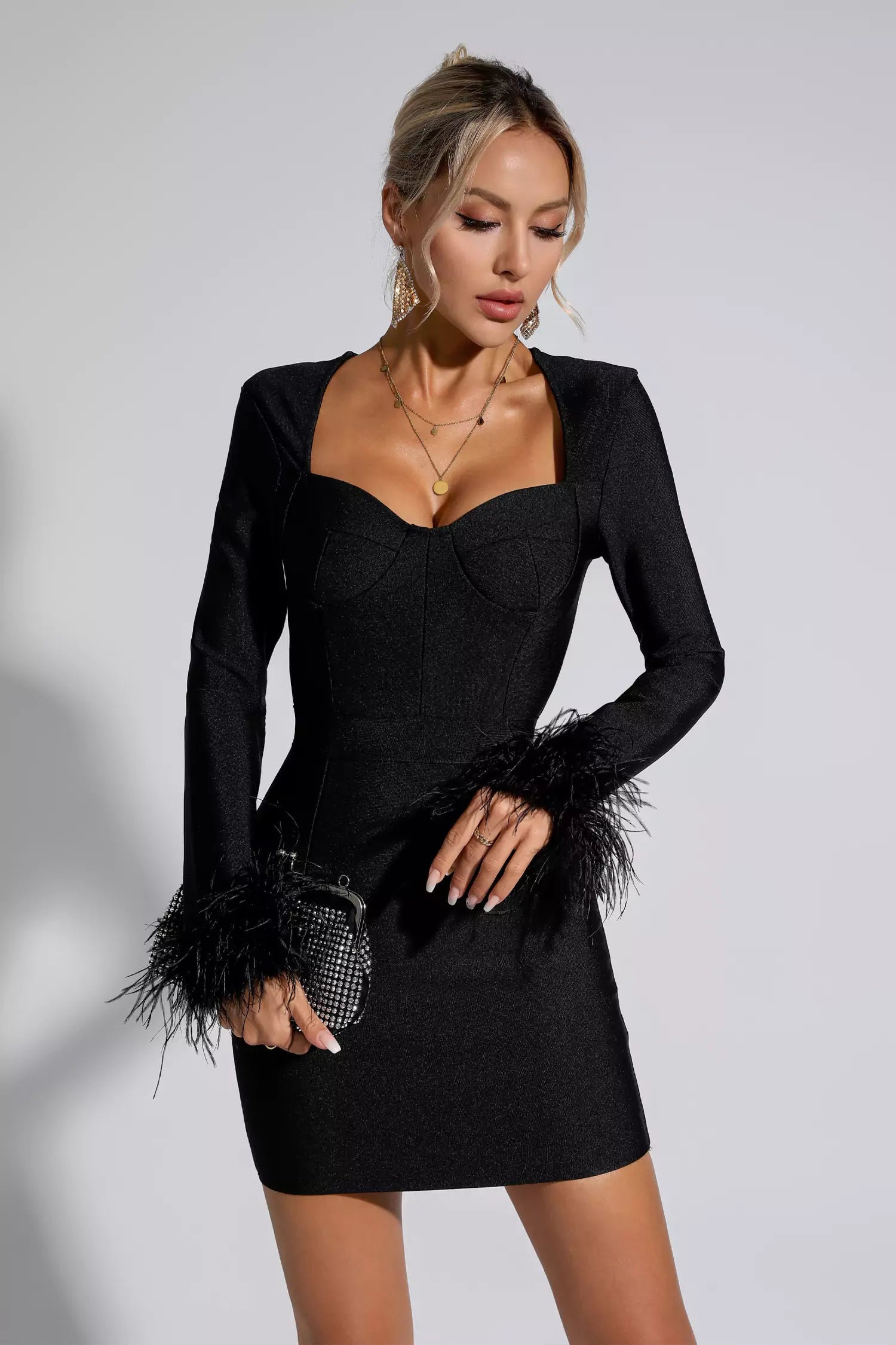 Aspen Black Feather Bodycon Mini Dress