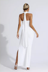 Aylin White Floral Ruched Halter Maxi Dress