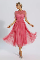 Clementine Pink Mesh Diamond Midi Dress