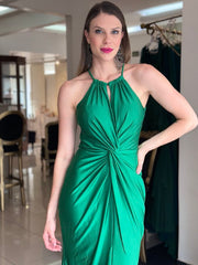 Chic Green Pleated Sleeveless Maxi Dress