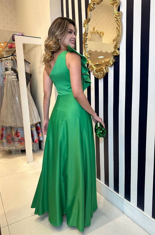 Green One-shoulder Slit Maxi Dress