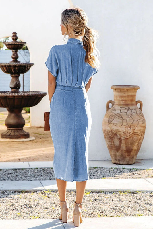 Denim Suit Collar Buttoned Lace Up Midi Dress