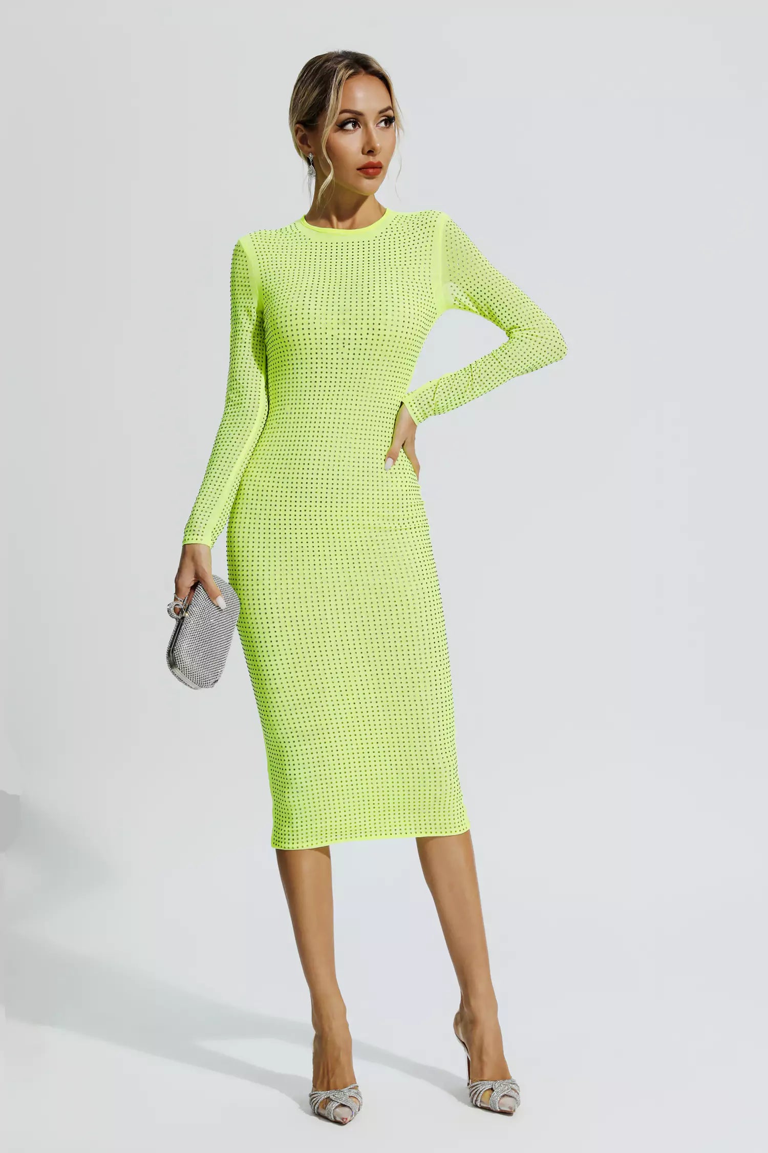 Elle Fluorescent Green Crystal Midi Dress