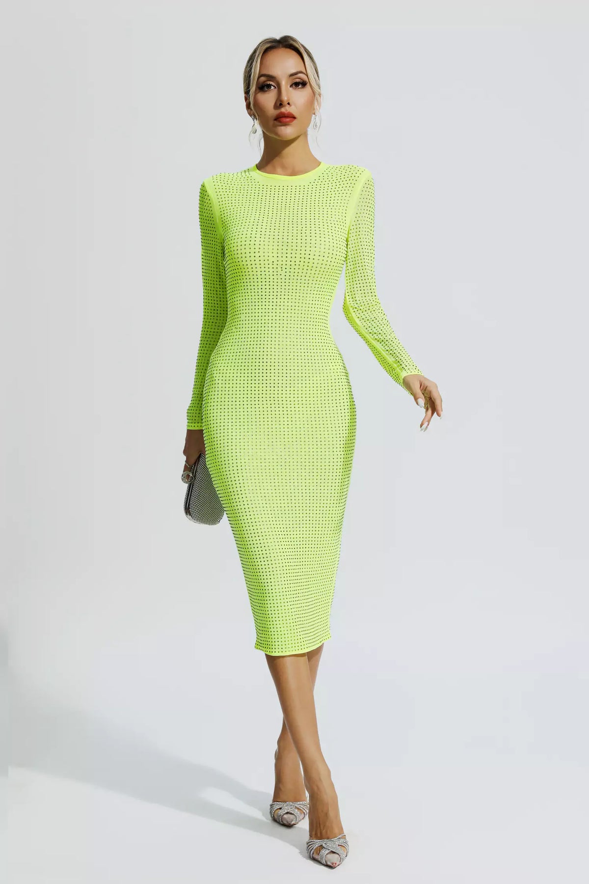 Elle Fluorescent Green Crystal Midi Dress