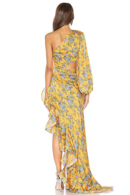 Floral Slanted Shoulder Long Sleeve Ruffle Irregular Maxi Dress