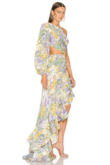 Floral Slanted Shoulder Long Sleeve Ruffle Irregular Maxi Dress