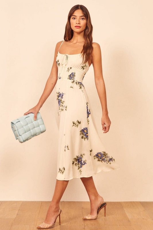 Floral Smock Elastic Lace Up Cami Midi Dress Beige