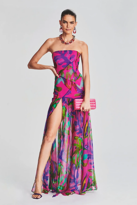 Floral Tube Top Slit Backless Maxi Dress Hot Pink