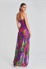 Floral Tube Top Slit Backless Maxi Dress Hot Pink