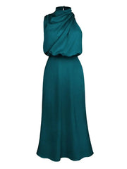 Hanging Neck Sleeveless Satin Midi Prom Dresses