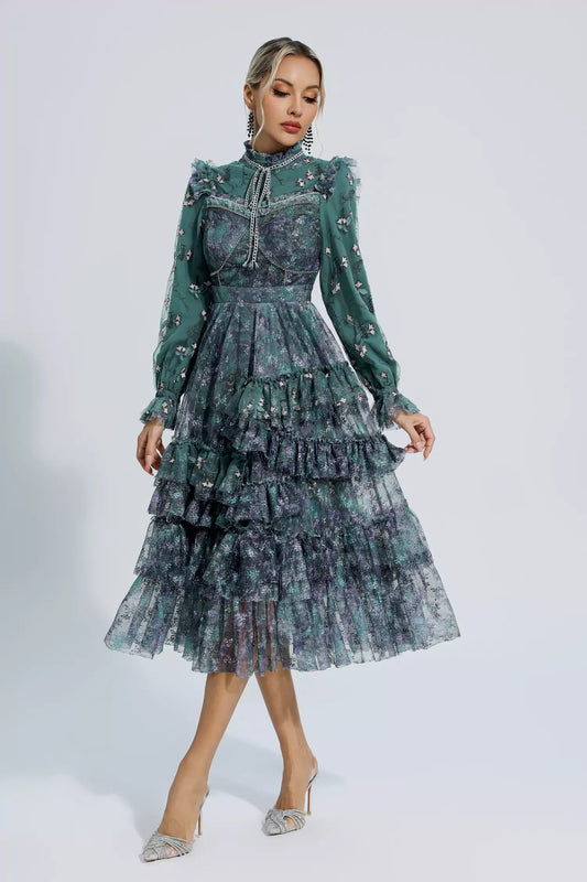 Sevyn Dark Green Floral Mesh Long Sleeve Dress