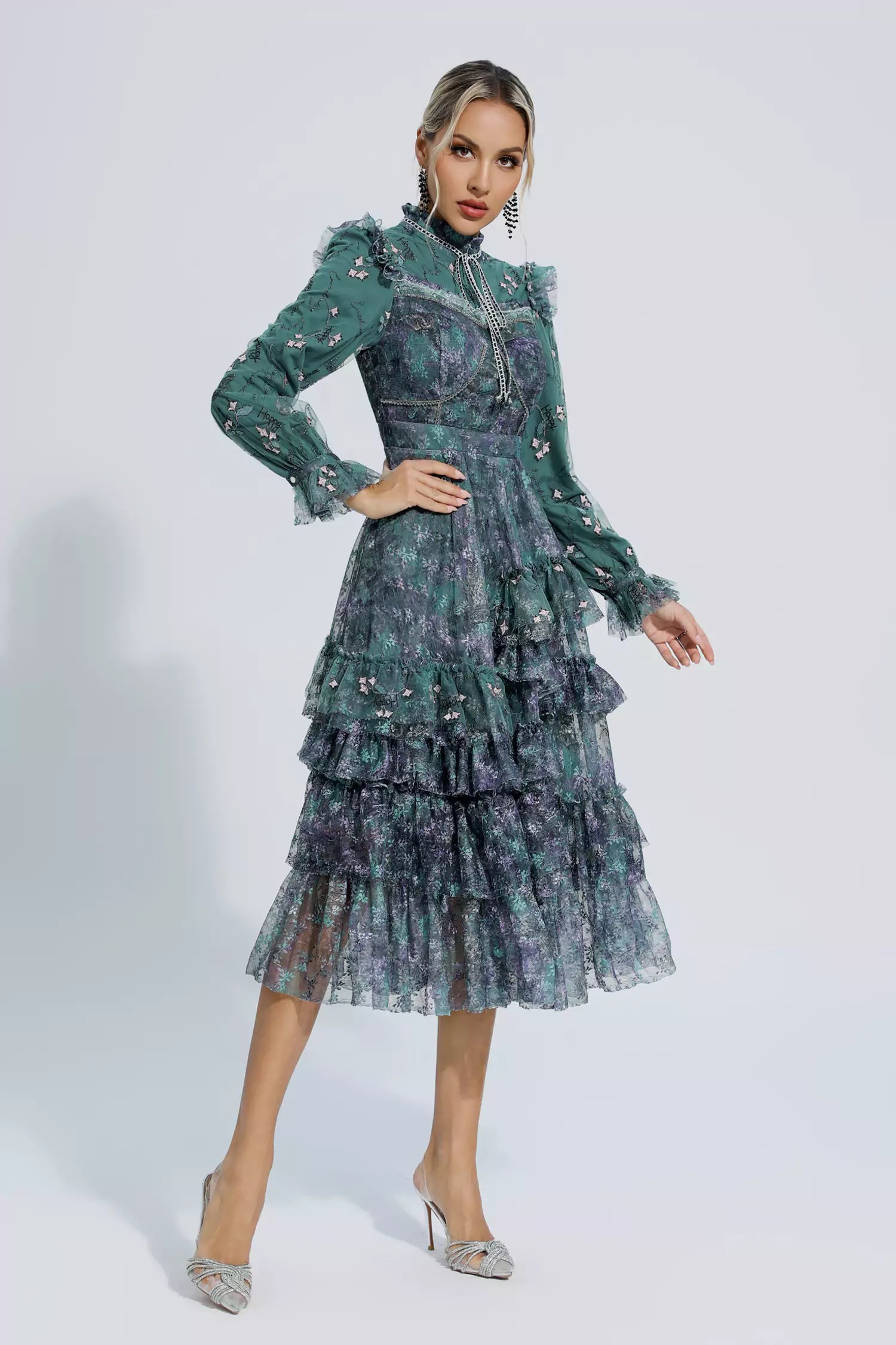 Sevyn Dark Green Floral Mesh Long Sleeve Dress