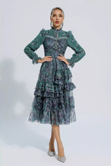 Sevyn Dark Green Floral Mesh Long Sleeve Dress