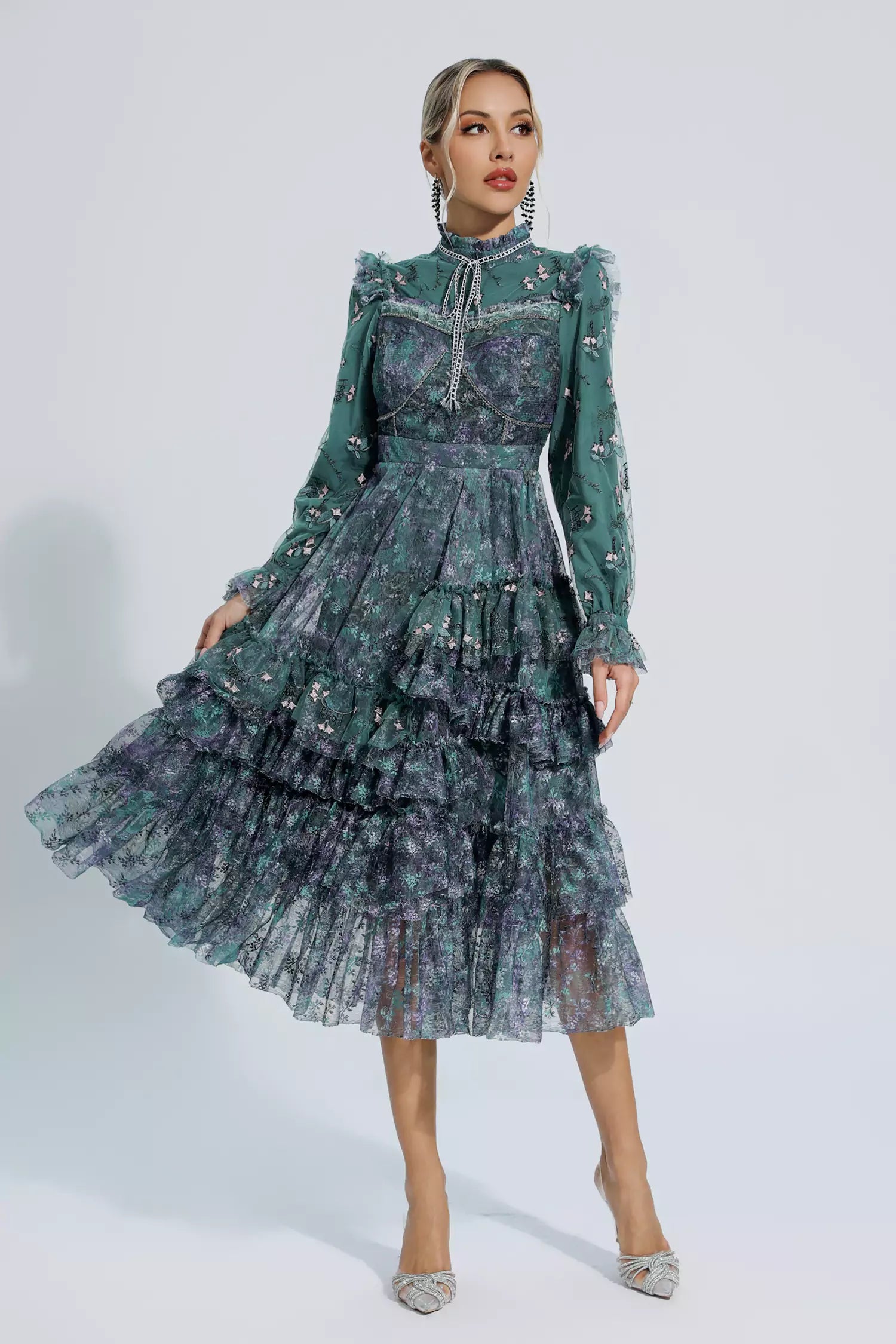 Sevyn Dark Green Floral Mesh Long Sleeve Dress