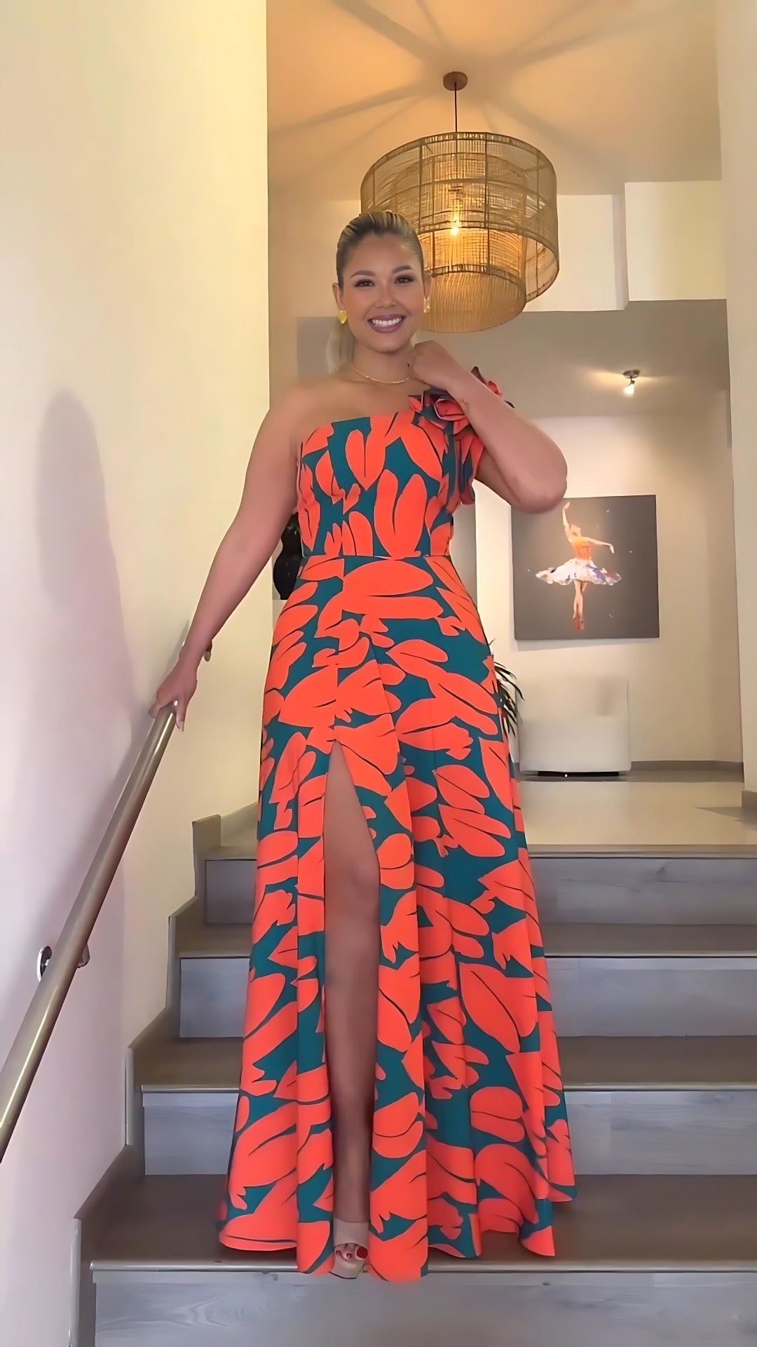 Orange One-Shoulder Sleeve Maxi Dress