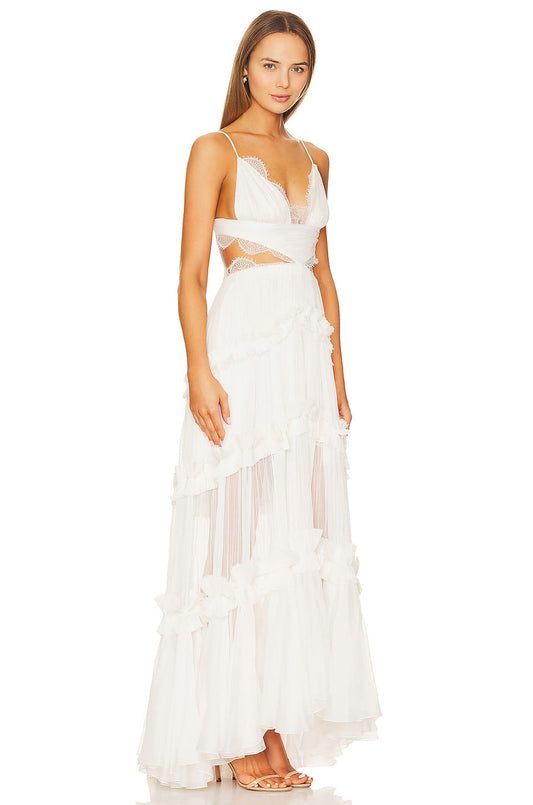 Lace Ruffle Backless Cut-Out Maxi Dress