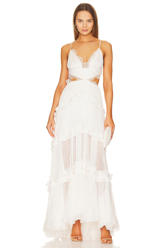 Lace Ruffle Backless Cut-Out Maxi Dress