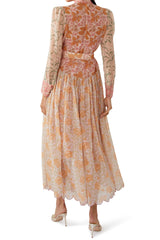 ZimmermaN Floral Splicing Long Sleeve Midi Dress With Belt