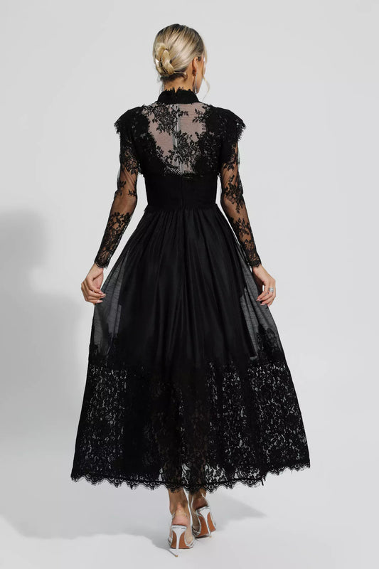 Jamie Black Floral Lace Stitching Long Sleeve Dress