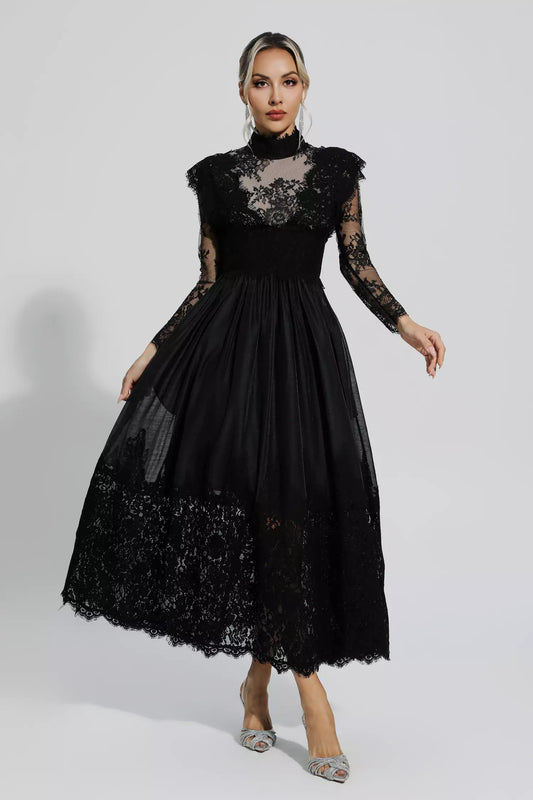 Jamie Black Floral Lace Stitching Long Sleeve Dress