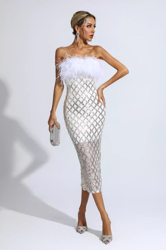 Kayleigh White Feather Sequin Midi Dress