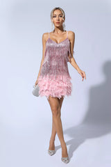 Lilliana Pink Feather Tassel Sequin Mini Dress