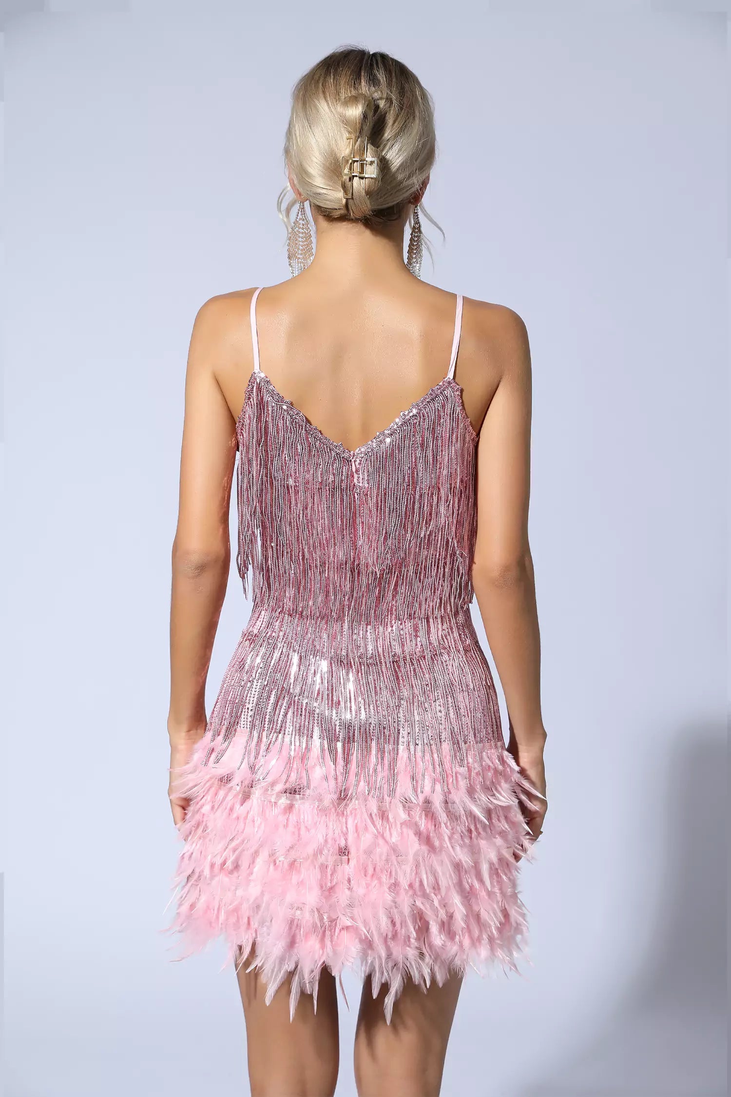 Lilliana Pink Feather Tassel Sequin Mini Dress