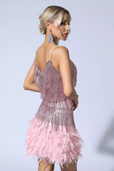 Lilliana Pink Feather Tassel Sequin Mini Dress