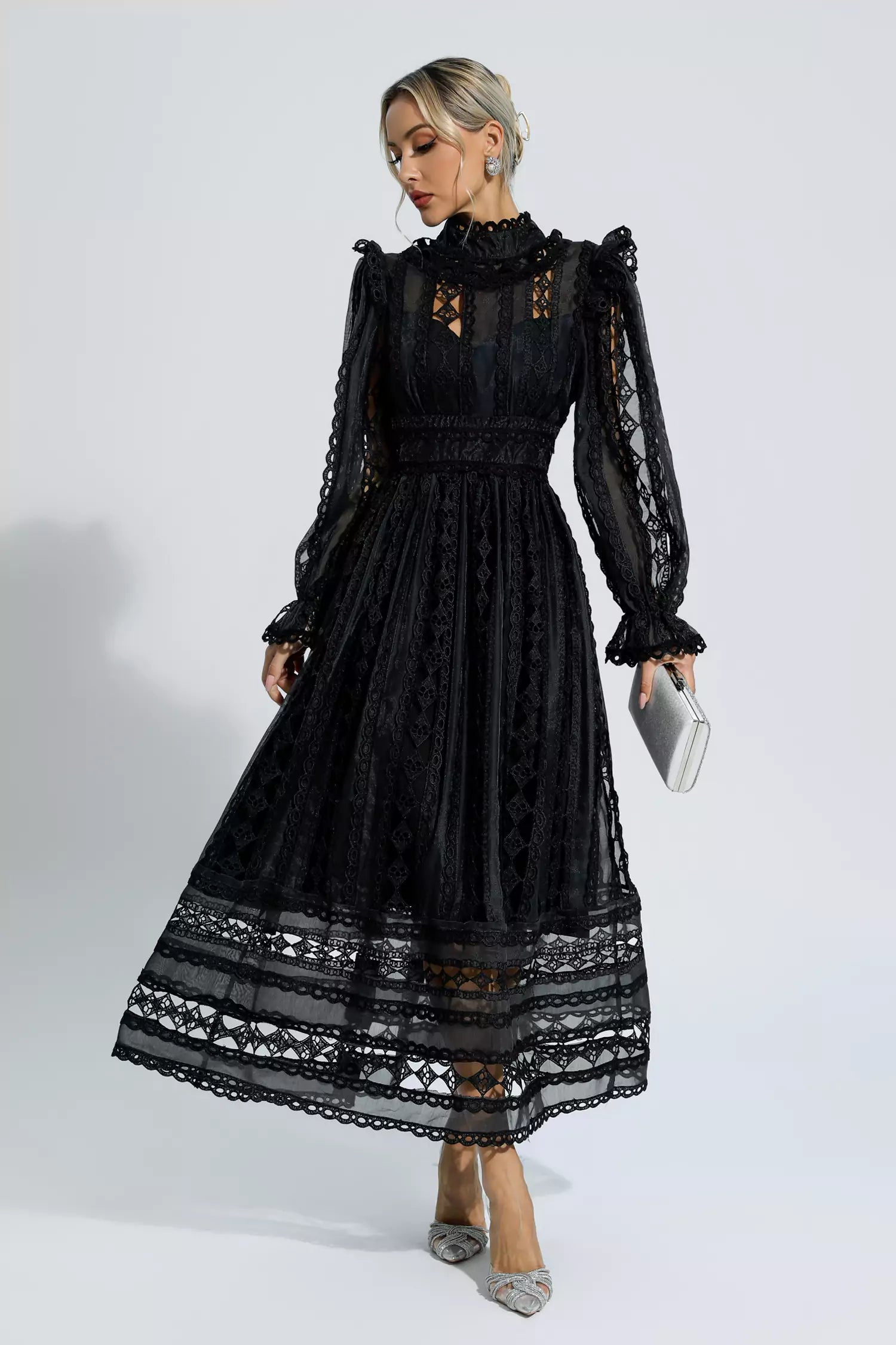 Mariam Black Hollow Lace Long Sleeve Dress