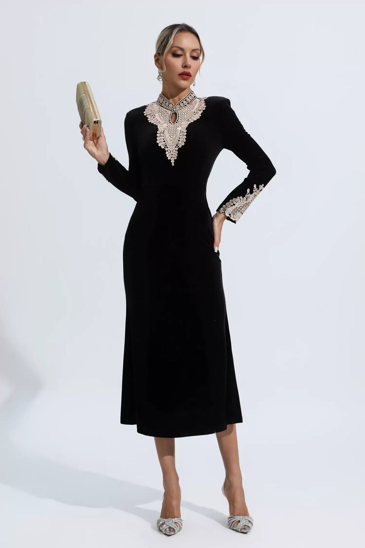 Melany Black Velvet Long Sleeve Dress