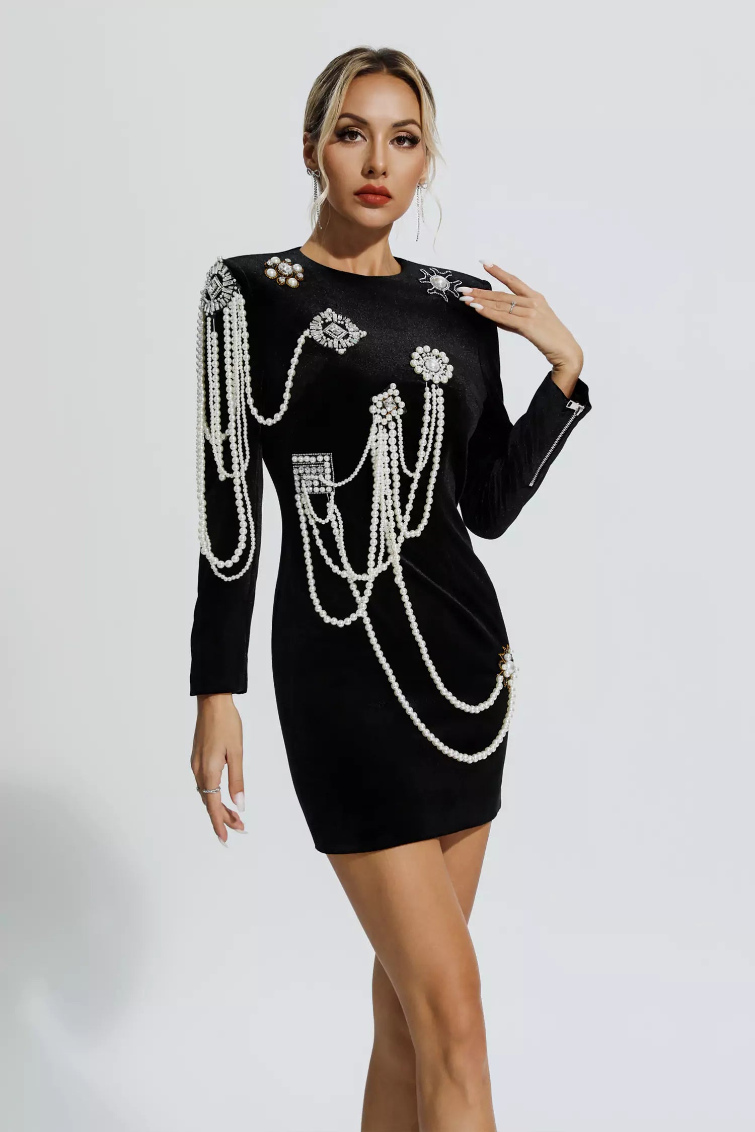 Mylah Black Pearl Embellished Velvet Dress