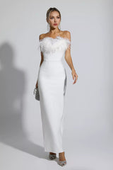 Naomi White Feather Tassel Maxi Dress