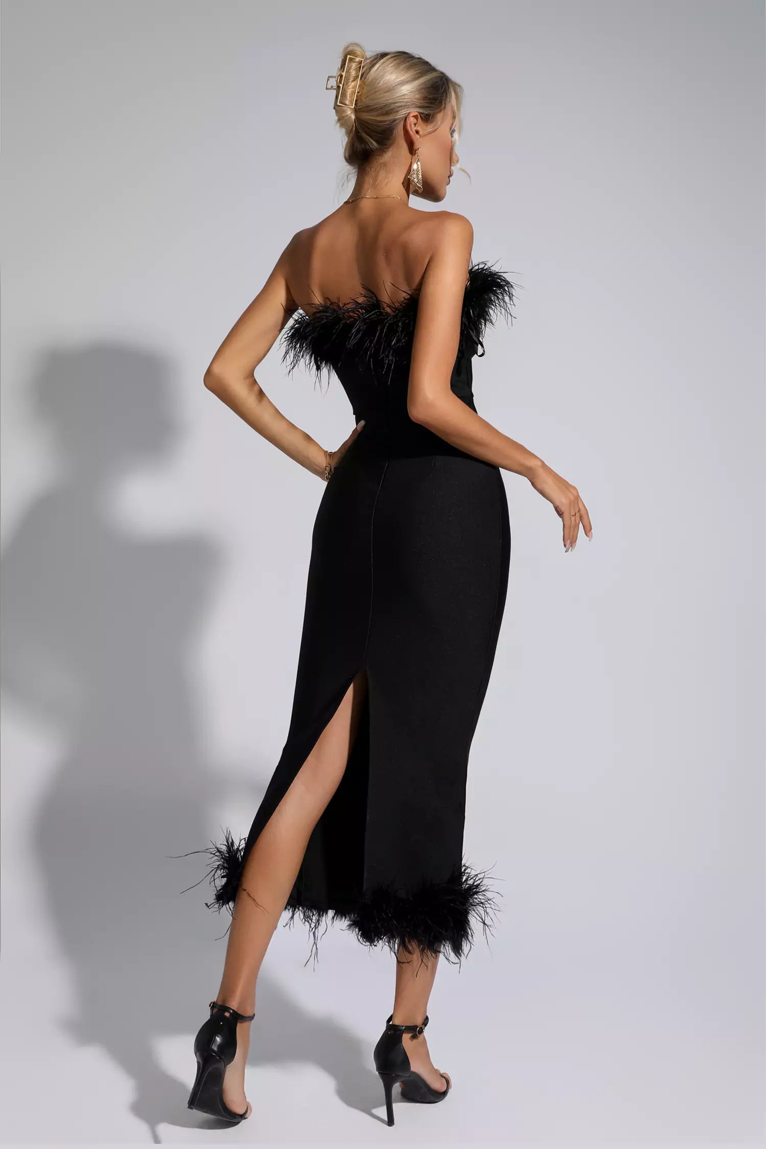 Noelle Black Feather Off-Shoulder Maxi Dress