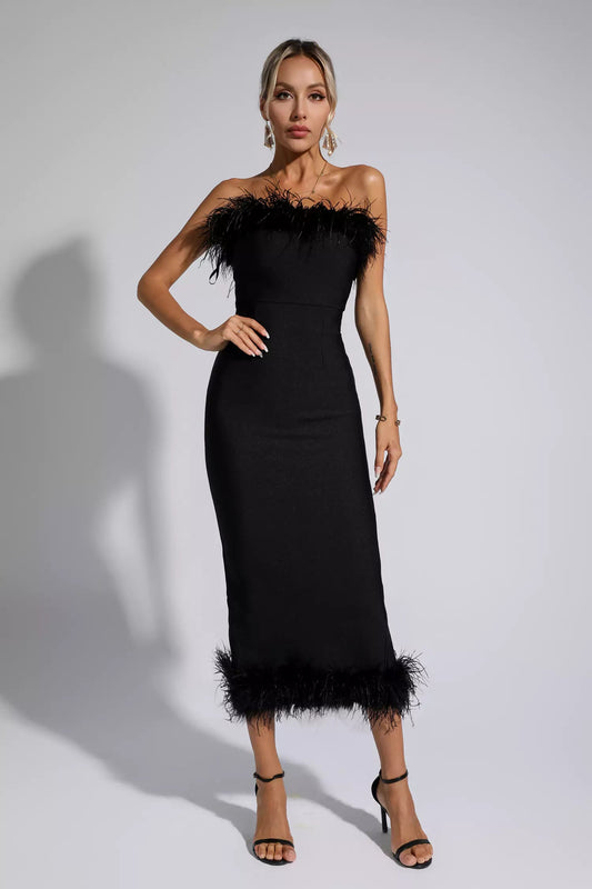 Noelle Black Feather Off-Shoulder Maxi Dress