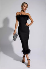 Noelle Black Feather Off-Shoulder Maxi Dress