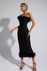 Noelle Black Feather Off-Shoulder Maxi Dress