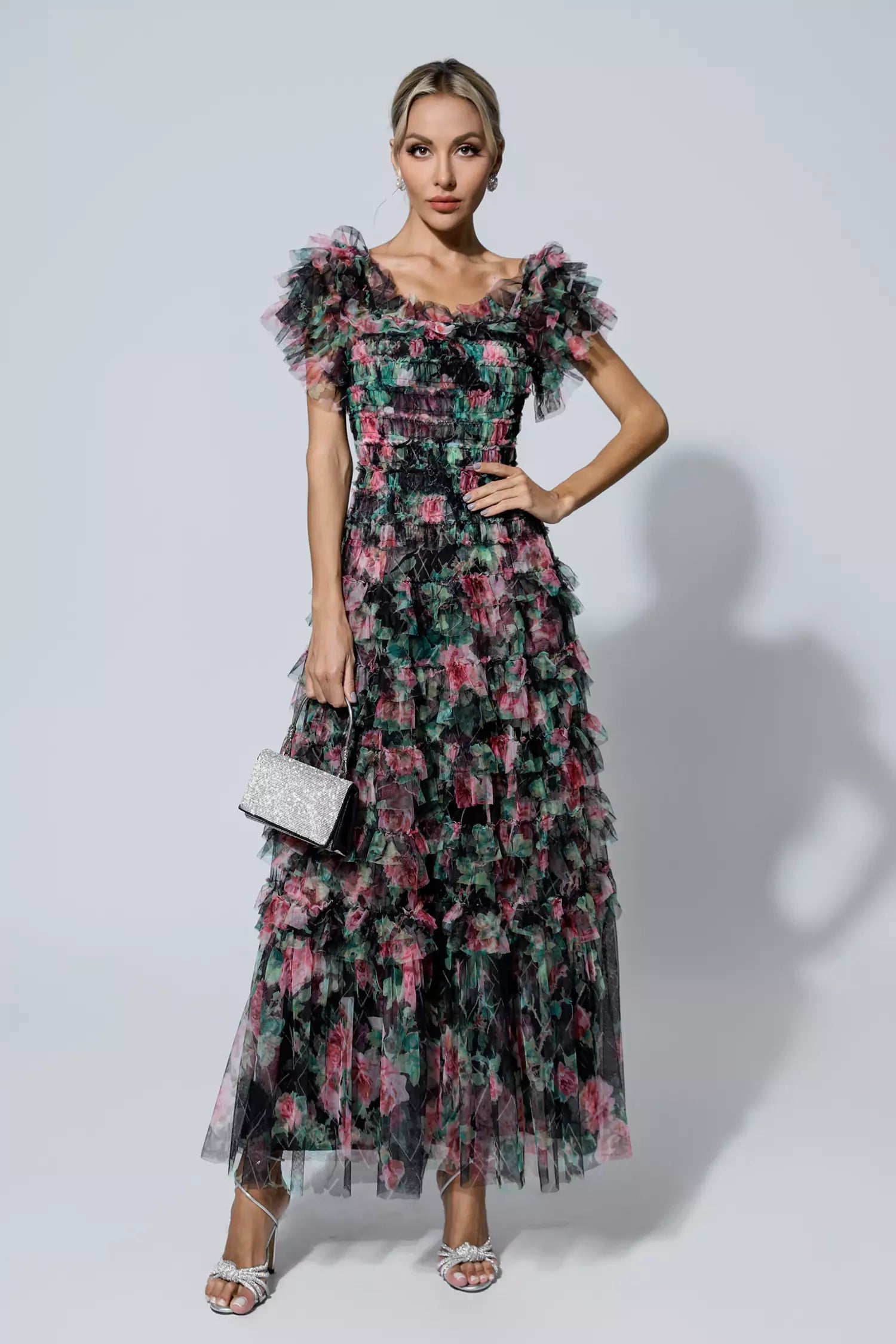 Nola Black Ruched Floral Maxi Dress