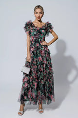 Nola Black Ruched Floral Maxi Dress