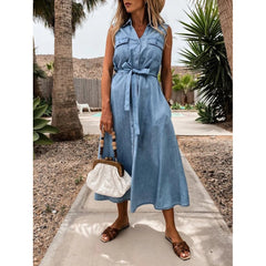 Lapel Sleeveless Clinch Open Chest Waist-Controlled Lace-up Denim Dress