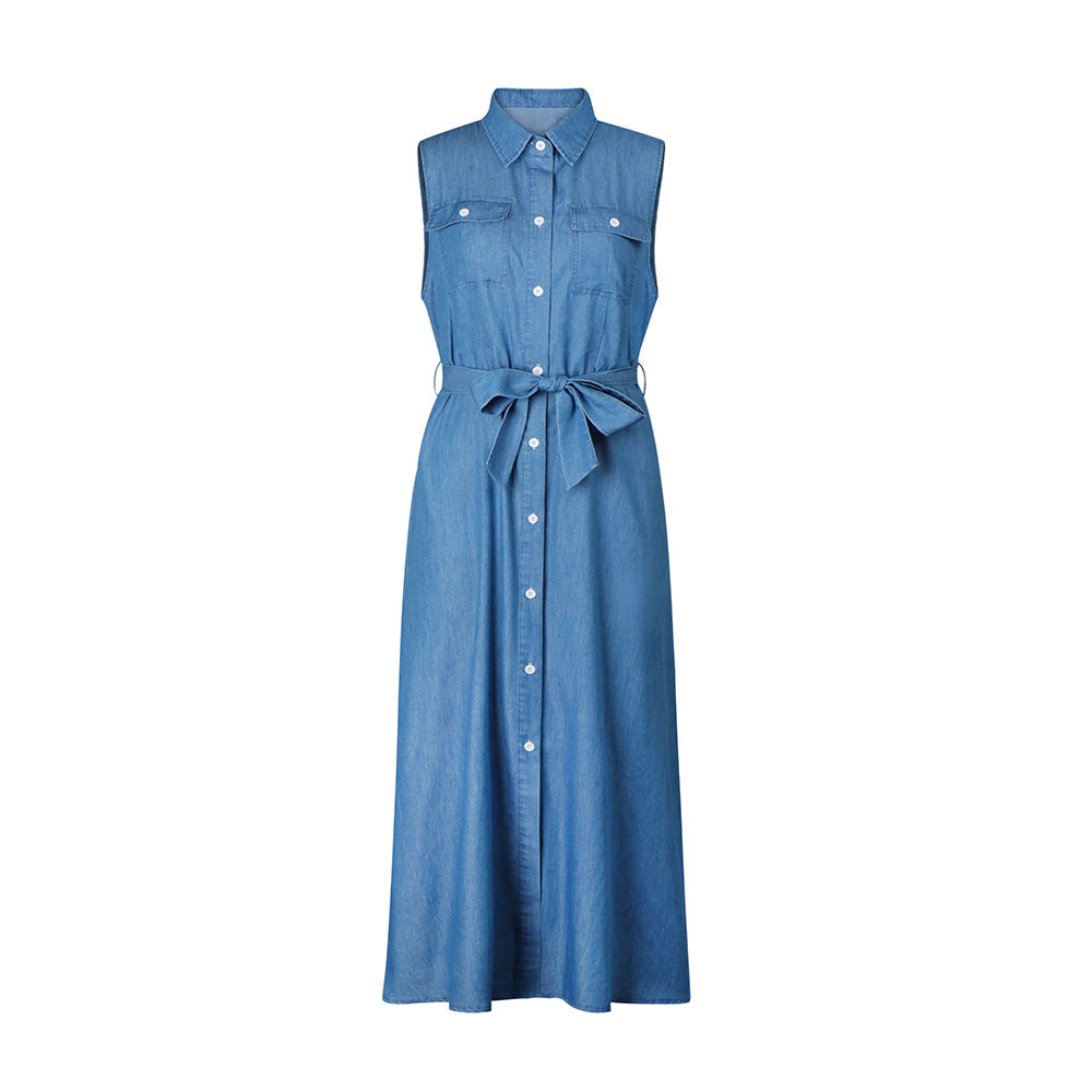 Lapel Sleeveless Clinch Open Chest Waist-Controlled Lace-up Denim Dress