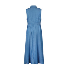 Lapel Sleeveless Clinch Open Chest Waist-Controlled Lace-up Denim Dress