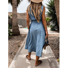 Lapel Sleeveless Clinch Open Chest Waist-Controlled Lace-up Denim Dress