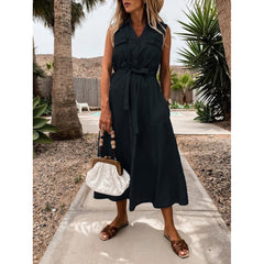 Lapel Sleeveless Clinch Open Chest Waist-Controlled Lace-up Denim Dress