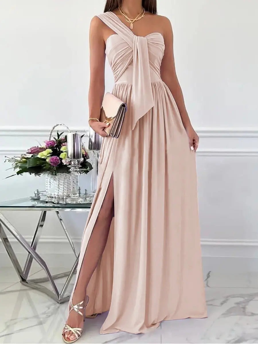 Off-Shoulder Corset Split Hem Maxi Dress