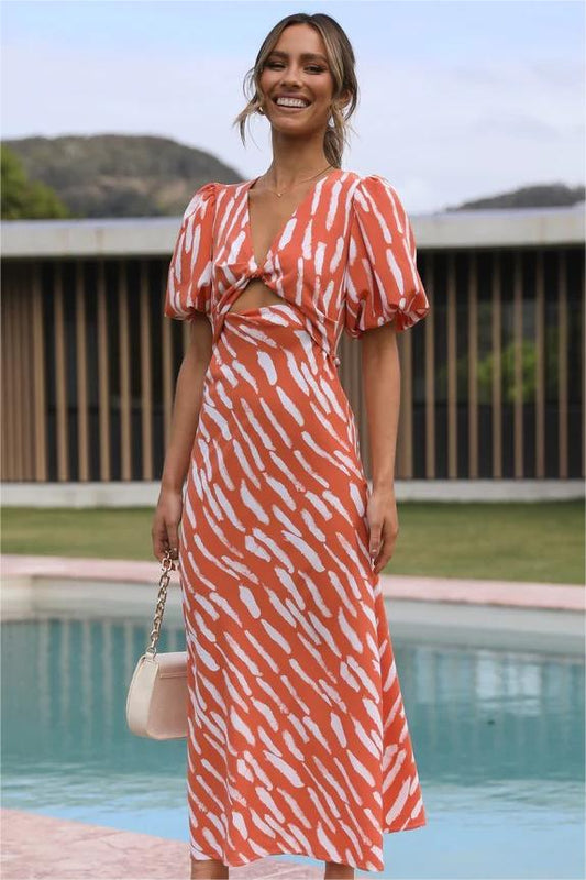 Print Puff Sleeve V-Neck Cut-Out Slit Midi Dress