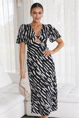 Print Puff Sleeve V-Neck Cut-Out Slit Midi Dress