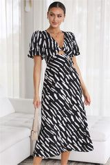 Print Puff Sleeve V-Neck Cut-Out Slit Midi Dress