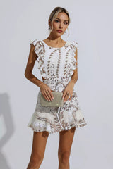 Sarai White Ruffle Floral Cutout Mini Dress